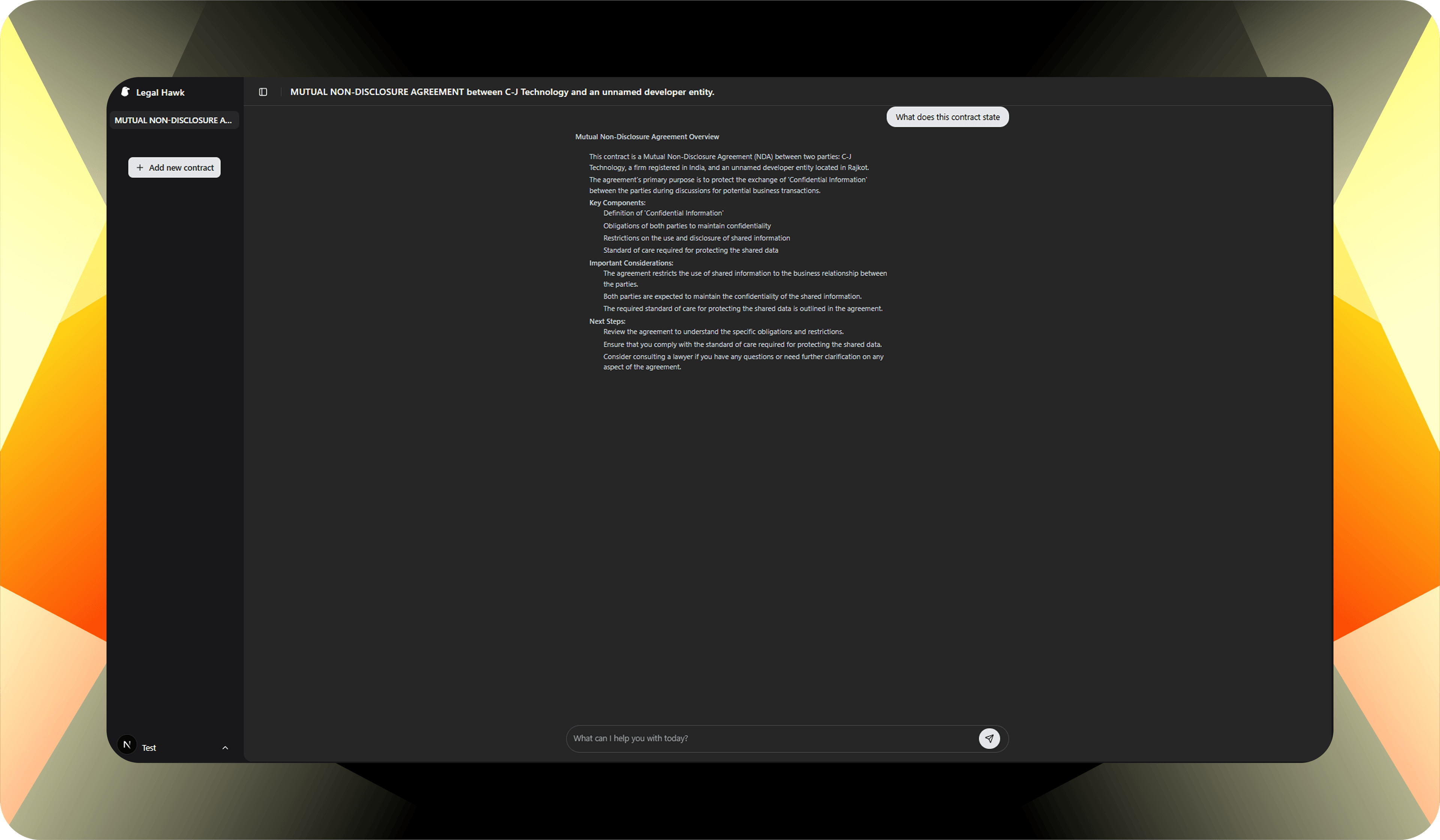 Legal Hawk is an AI-powered contract analysis chatbot that simplifies complex legal documents through interactive Q&A. Users can securely upload contracts as PDFs, which are validated, summarized, and transformed into searchable knowledge. Powered by a RAG pipeline with embeddings stored in PostgreSQL (pgvector) and responses generated using Llama 3.1 via Groq with Gemini fallback, it helps users quickly identify risks, understand clauses, and manage multiple contracts seamlessly.